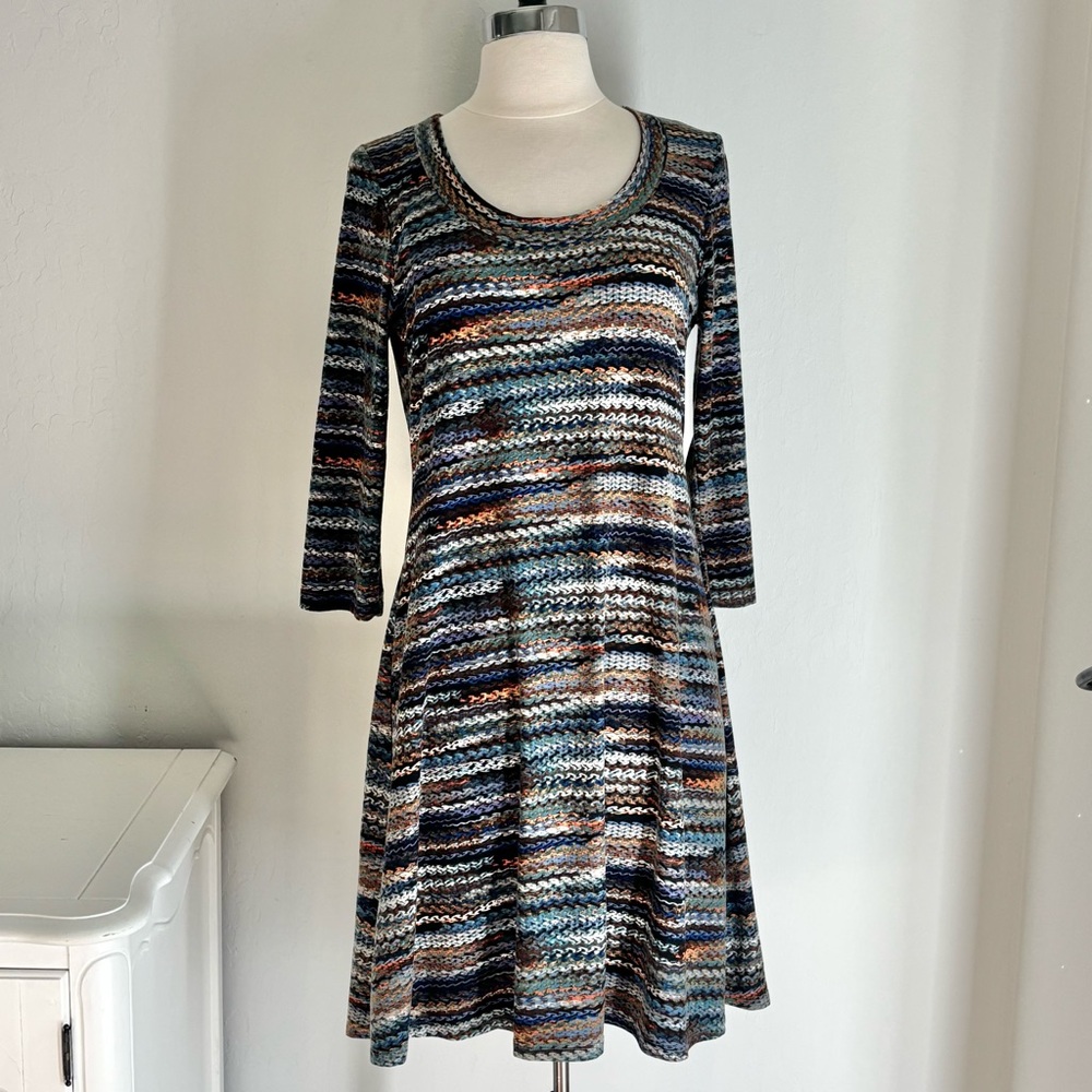 Karen Kane A-line 3/4 Sleeve Jersey Abstract Stripe Multicolor Scoop Dress, S